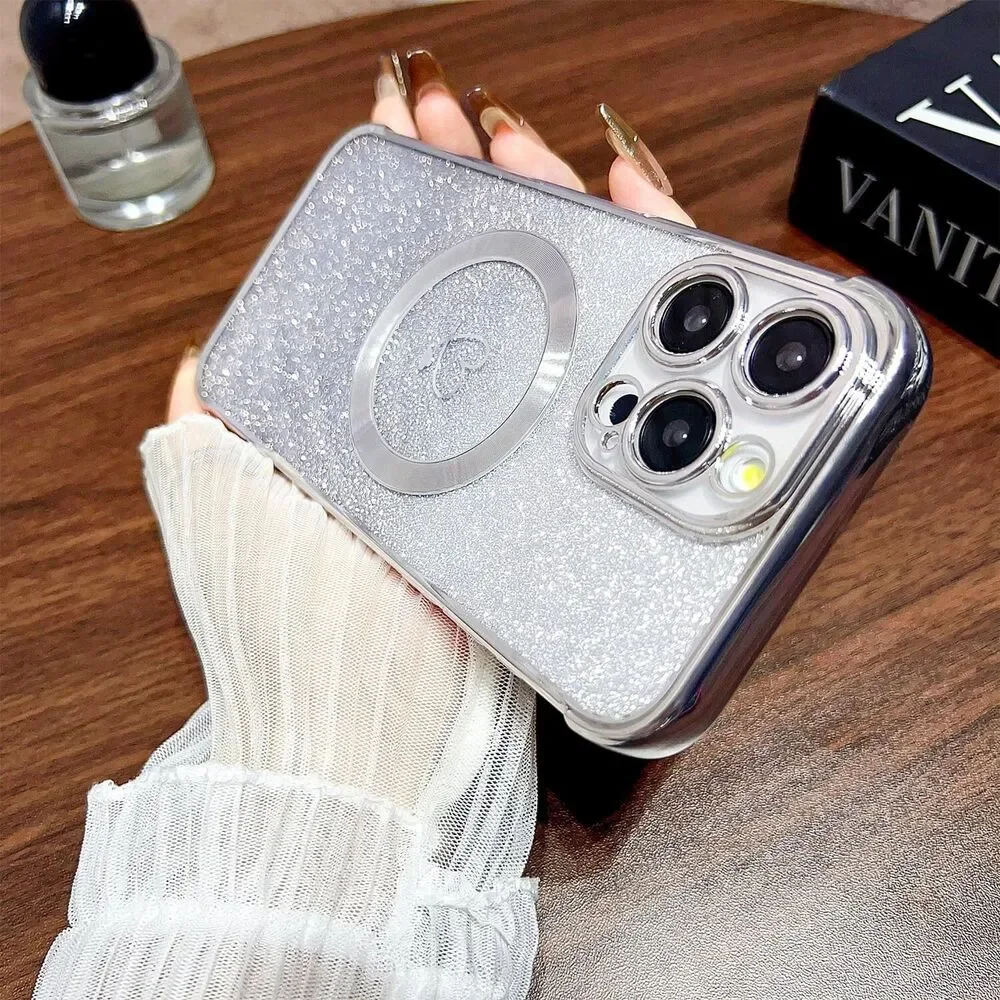 iPhone 15 Pro Max Case Magnetic Soft Cute Luxury Love Heart Silver MagSafe Clear